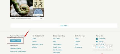 第1步：登录Etsy官网， 点击右上角“sell on Etsy”进入新页面点击“Open an Etsy Shop”进入注书页面。